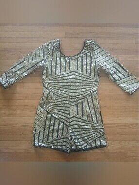 Nwot Vintage Black & Gold Sequin Geometric Low Back Romper Size Medium